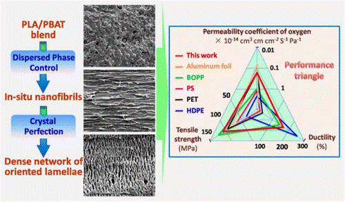 Super-Robust Polylactide Barrier Films by Building Densely Oriented Lamellae Incorporated with Ductile in Situ Nanofibrils of Poly(butylene adipate-co-terephthalate)