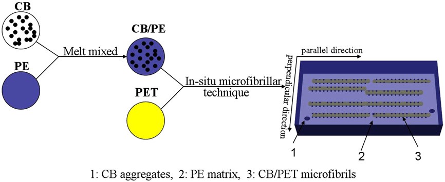 Anisotropically conductive polymer composites with a selective distribution of carbon black in an in situ microfibrillar reinforced blend